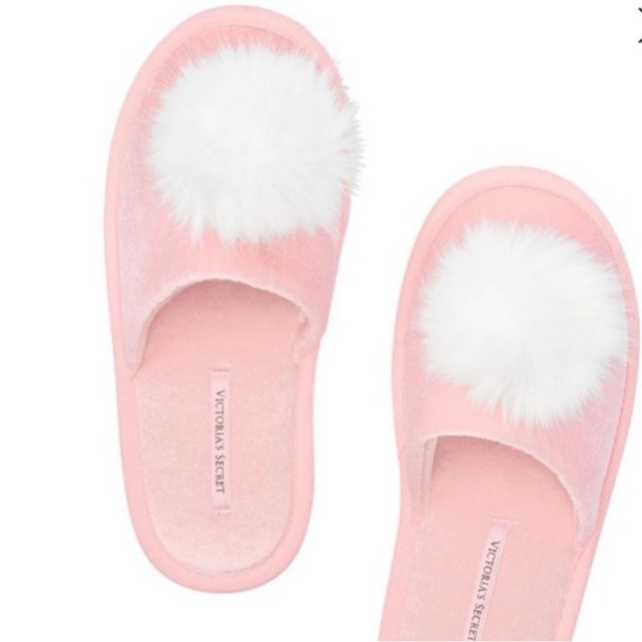 Victoria's Secret Shoes - Victoria’s Secret Pom Pom Pink Velvet Slide On Slippers Bunny Cotton Tail Sz 7/8
